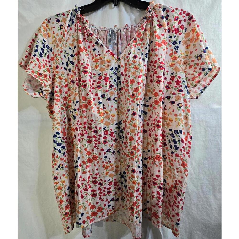 Noracora Floral Print Short Sleeve Blouse with Elastic Neckline Size XL